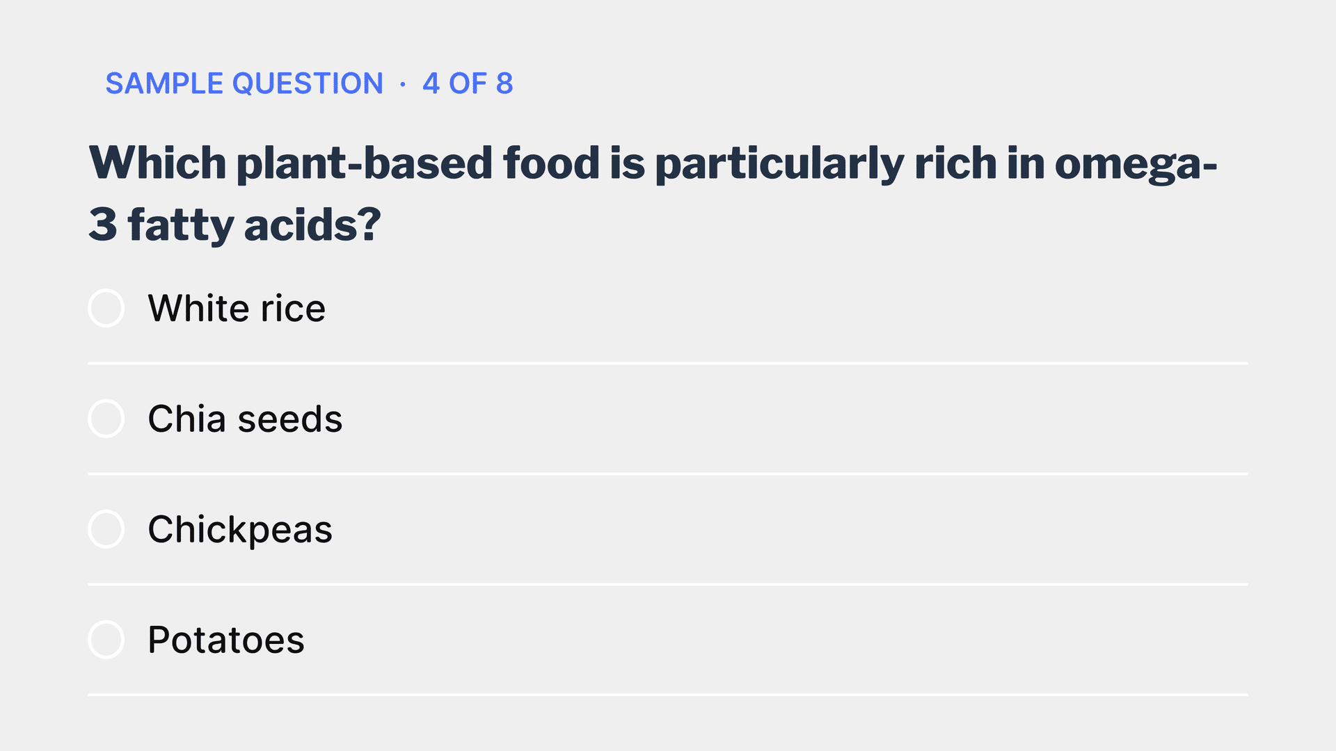 Sample quiz question: which plant-based food is particularly rich in omega-3 fatty acids?