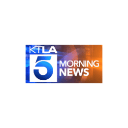 KTLA 5 Morning News logo featuring bold blue and white lettering against a vibrant blue and orange gradient background.