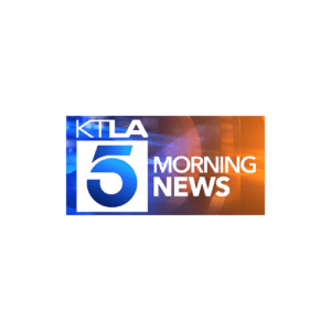 KTLA 5 Morning News logo featuring bold blue and white lettering against a vibrant blue and orange gradient background.