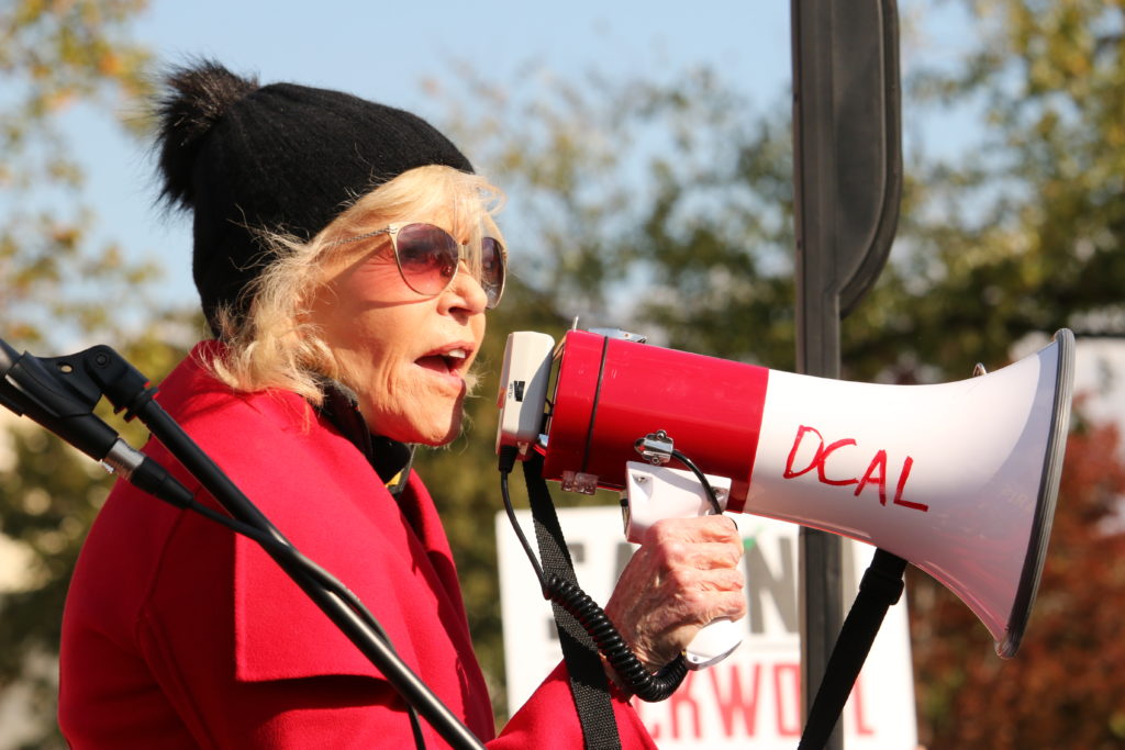 Fonda talking at rally